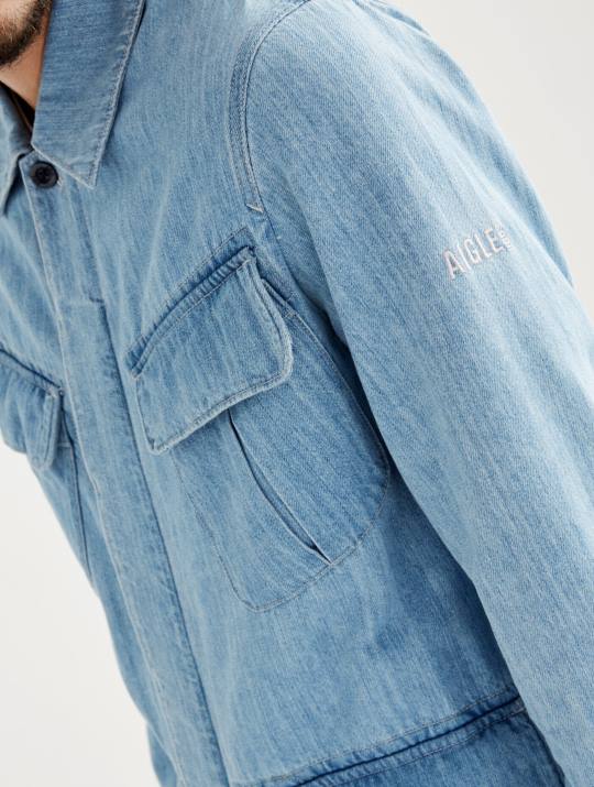 Aigle 86DD204 ropa lejía ligera de mezclilla hombres chaqueta safari de mezclilla de largo medio