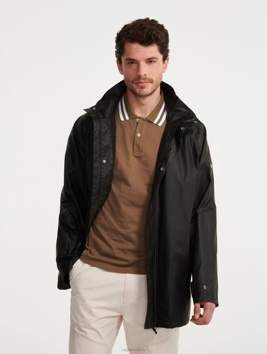 Aigle 86DD213 ropa negro hombres chaqueta revestida con capucha y largo medio