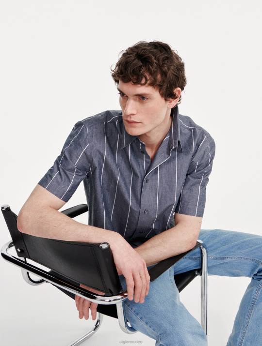 Aigle 86DD127 ropa imperio st hombres camisa de manga corta a rayas de algodón/lino