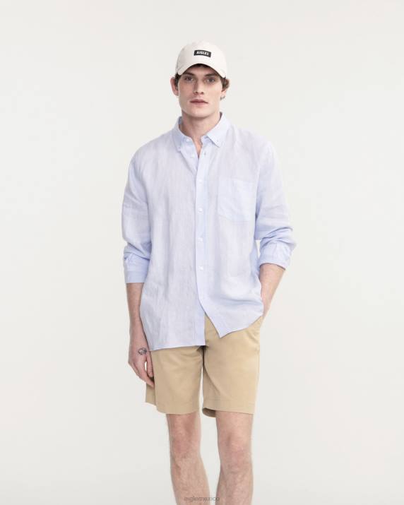 Aigle 86DD22 ropa cielo azul hombres camisa de lino de manga larga