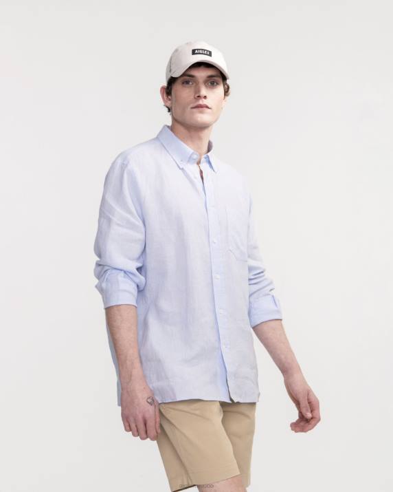 Aigle 86DD22 ropa cielo azul hombres camisa de lino de manga larga