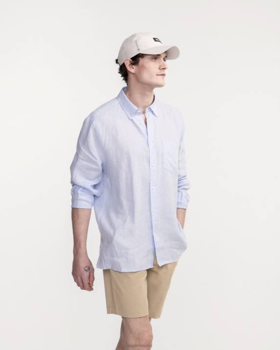 Aigle 86DD22 ropa cielo azul hombres camisa de lino de manga larga
