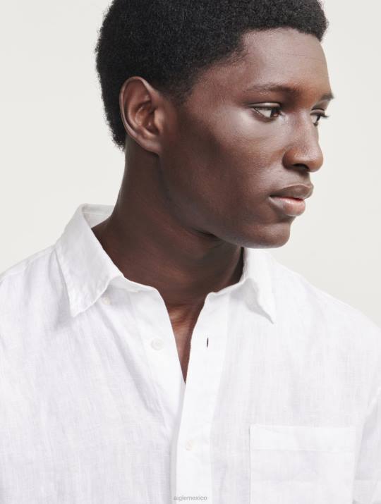 Aigle 86DD32 ropa blanco hombres camisa de lino de manga larga