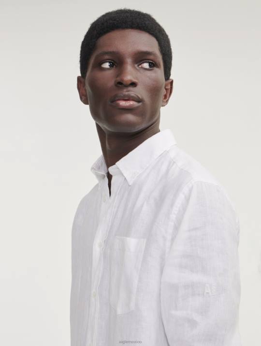 Aigle 86DD32 ropa blanco hombres camisa de lino de manga larga