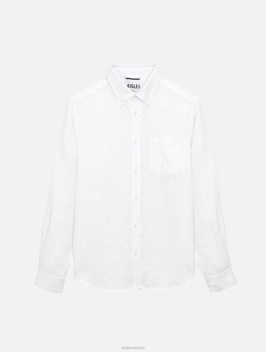 Aigle 86DD32 ropa blanco hombres camisa de lino de manga larga