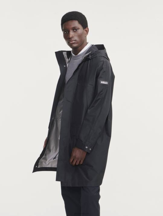 Aigle 86DD158 ropa negro hombres parka larga gore-tex paclite con doble capucha