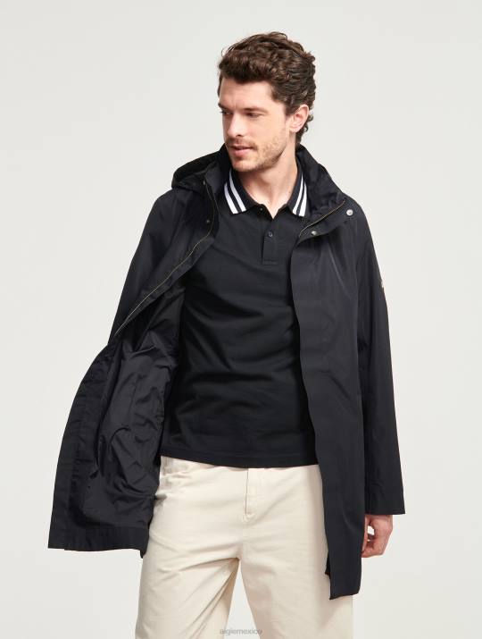 Aigle 86DD168 ropa negro hombres parka larga con capucha de gore-tex