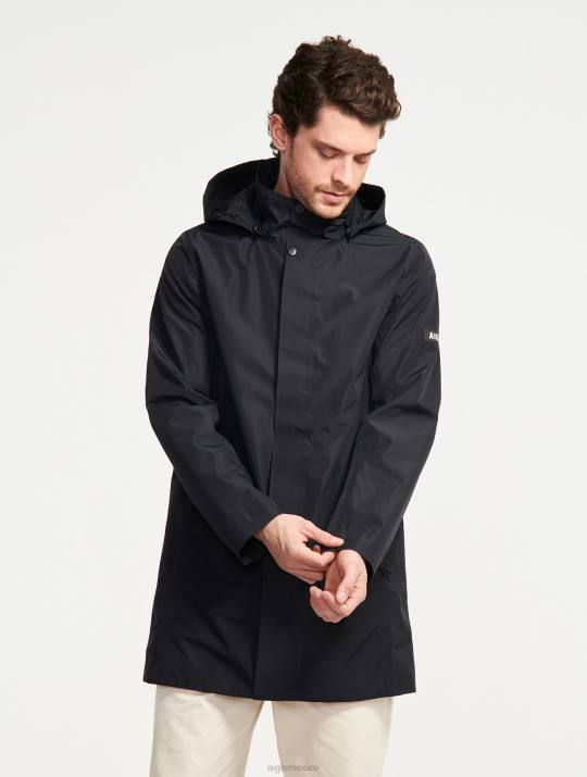 Aigle 86DD168 ropa negro hombres parka larga con capucha de gore-tex