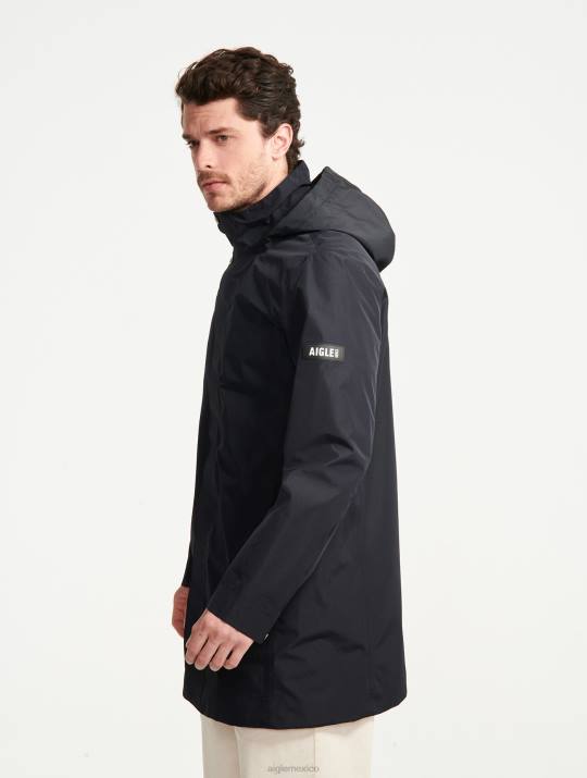Aigle 86DD168 ropa negro hombres parka larga con capucha de gore-tex