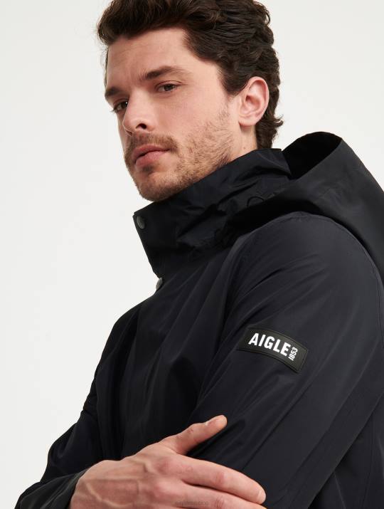 Aigle 86DD168 ropa negro hombres parka larga con capucha de gore-tex