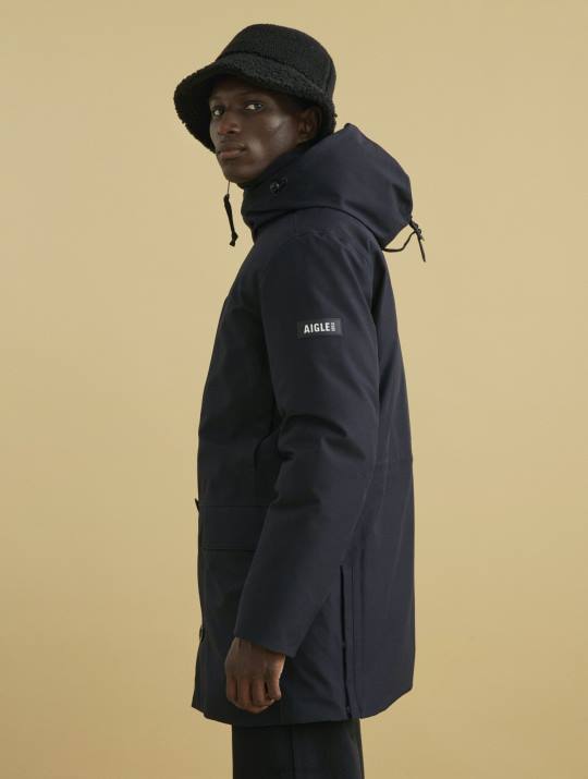 Aigle 86DD194 ropa negro hombres parka larga con capucha y plumas de gore-tex