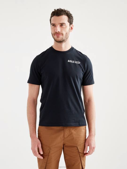 Aigle 86DD103 ropa negro hombres camiseta estampada con cuello redondo