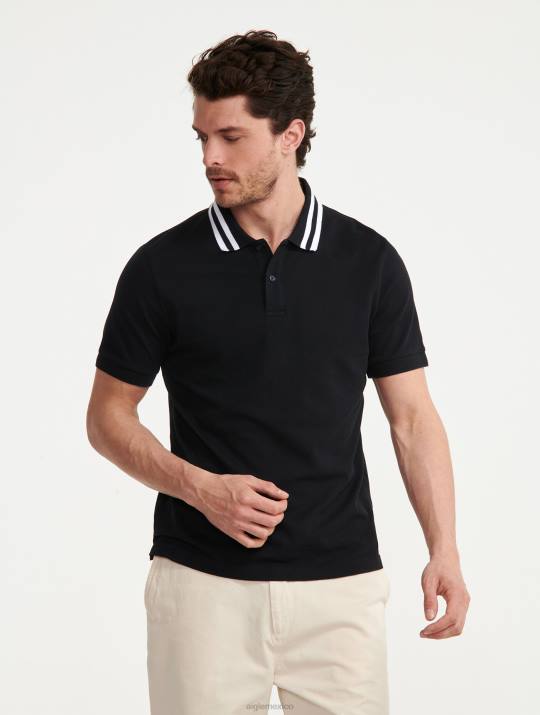 Aigle 86DD121 ropa negro hombres polo de manga corta con cuello de doble banda