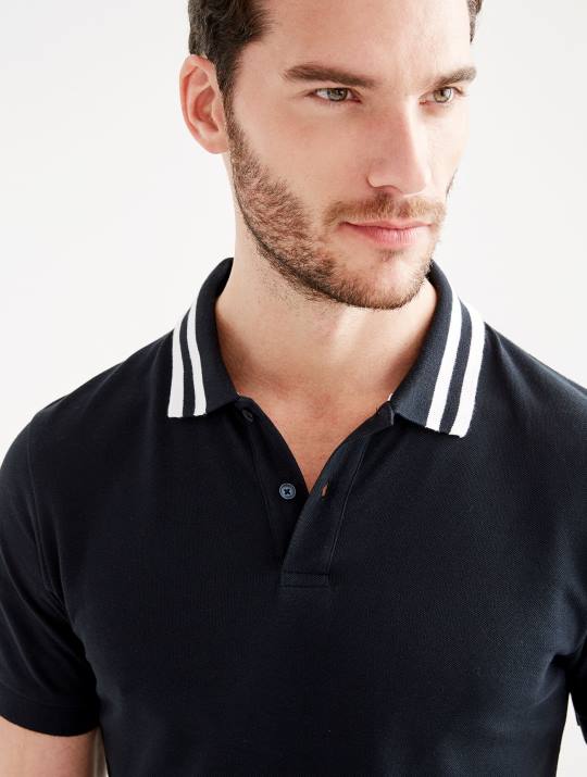 Aigle 86DD121 ropa negro hombres polo de manga corta con cuello de doble banda