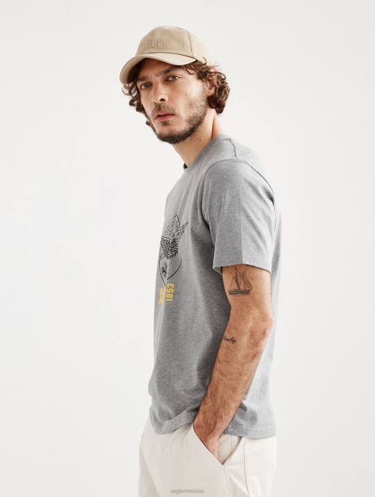 Aigle 86DD54 ropa cuero gris hombres camiseta estampada con cuello redondo