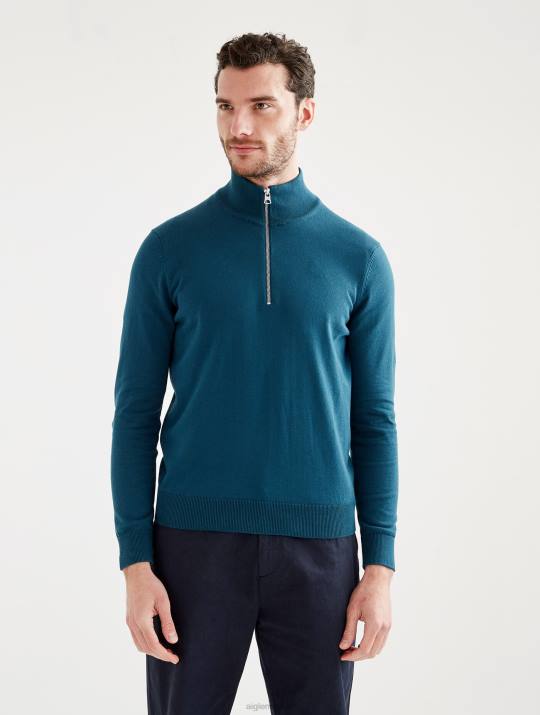 Aigle 86DD29 ropa tormenta azul hombres suéter de calibre fino con media cremallera y cuello alto