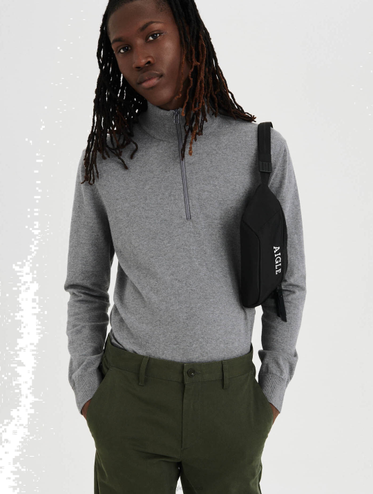 Aigle 86DD45 ropa cuero gris hombres jersey con cremallera y cuello abierto confeccionado en algodón orgánico