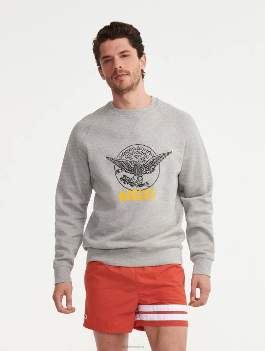 Aigle 86DD82 ropa gris jaspeado claro hombres sudadera con cuello redondo y bordado