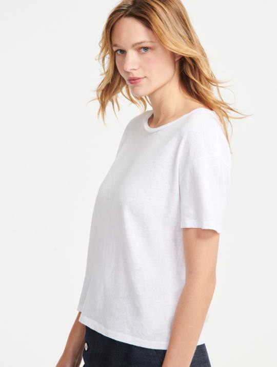 Aigle 86DD684 ropa blanco mujer camiseta de manga corta en mezcla de lino