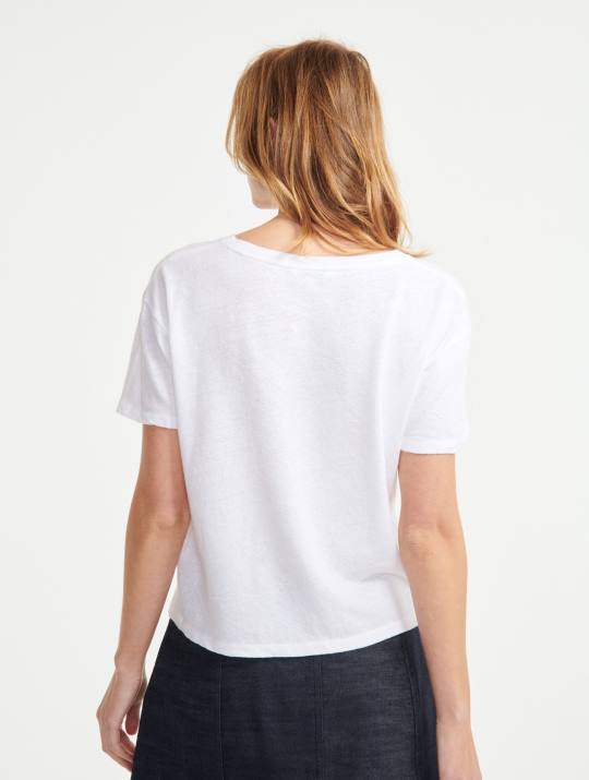 Aigle 86DD684 ropa blanco mujer camiseta de manga corta en mezcla de lino