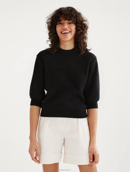 Aigle 86DD460 ropa negro mujer jersey de manga corta con punto decorativo