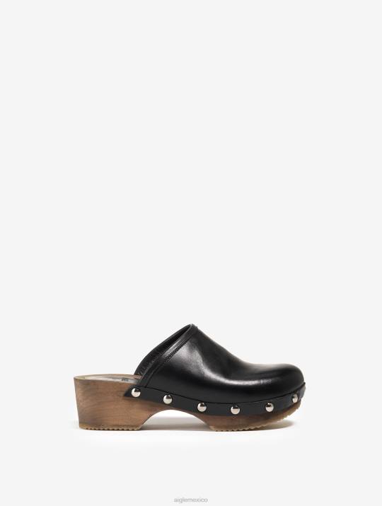 Aigle 86DD631 zapatos negro mujer zueco de cuero y madera